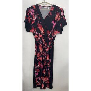 Susan Graver Jumpsuit Liquid Knit Floral Wrap Wide Leg Black Womens M Petite